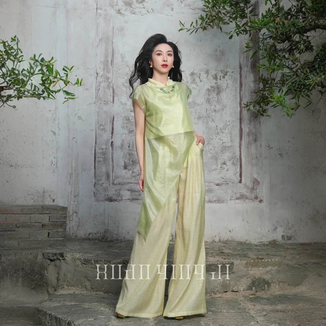 玄英集  少艾莺儿 慵懒微透罩衫吊带上衣亚麻阔腿裤3件套X24D183