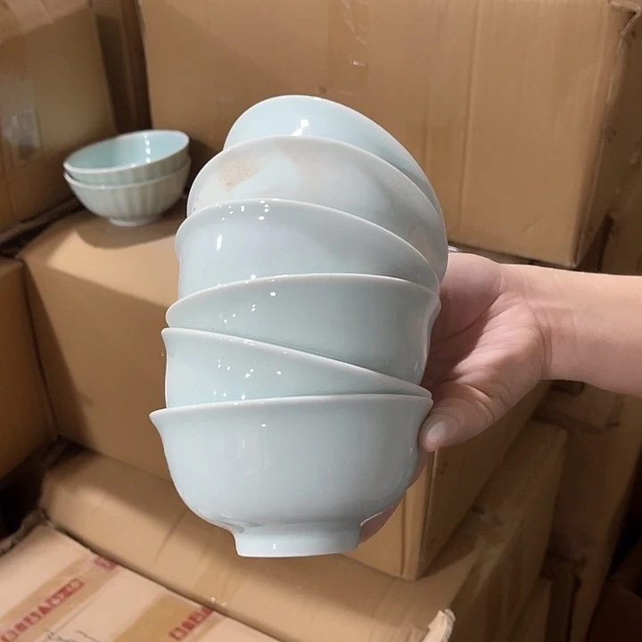 瓷片青瓷4.75英寸米饭碗六个，微瑕包邮