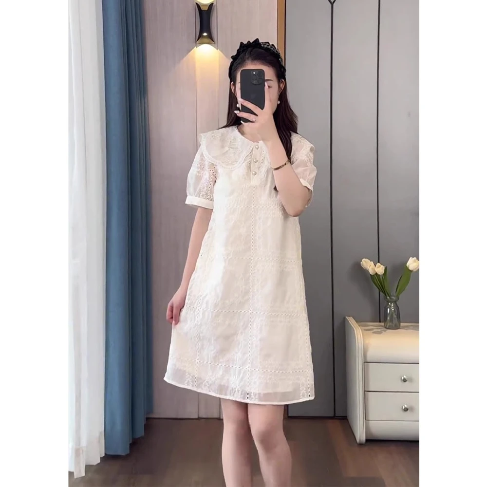 大码白色拼接娃娃领连衣裙女夏季新款胖MM时尚洋气短袖公主a字裙