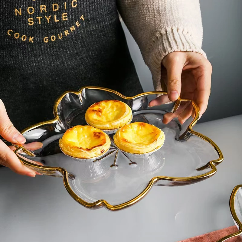 现代简约水晶玻璃樱花花朵造型玻璃下午茶点心盘餐盘大号单只装