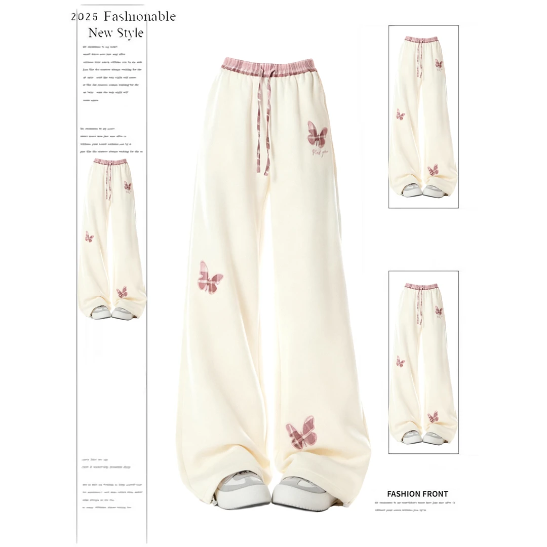 格纹拼接蝴蝶贴布休闲裤子女款2025冬季新款松紧腰宽松百搭直筒裤