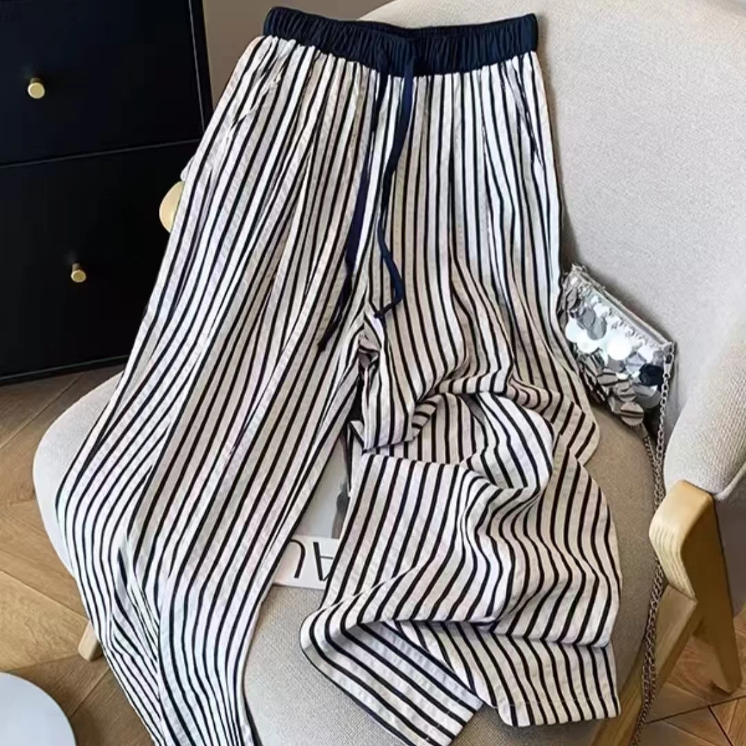 606/25105/120时尚设计感高腰条纹阔腿裤女宽松显瘦百搭