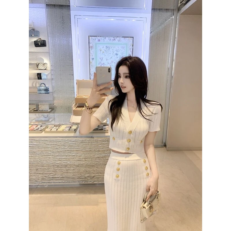 新款女小香风针织上衣短袖套装半身裙气质两件套财财阀千金风套装
