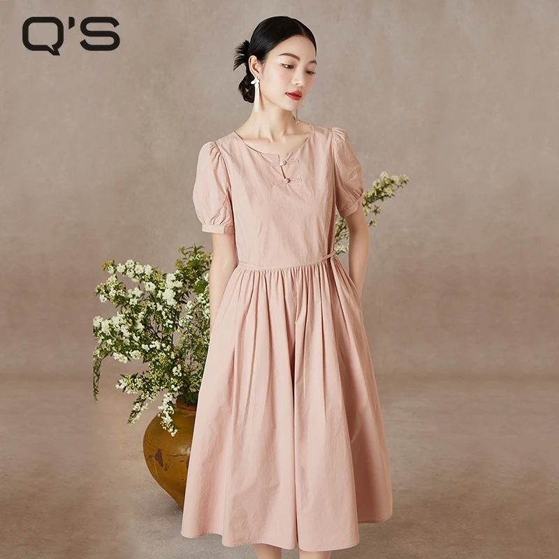 秸熙夏季新款复古轻国风气质正肩收腰连衣裙纯色显瘦A摆裙4XB630