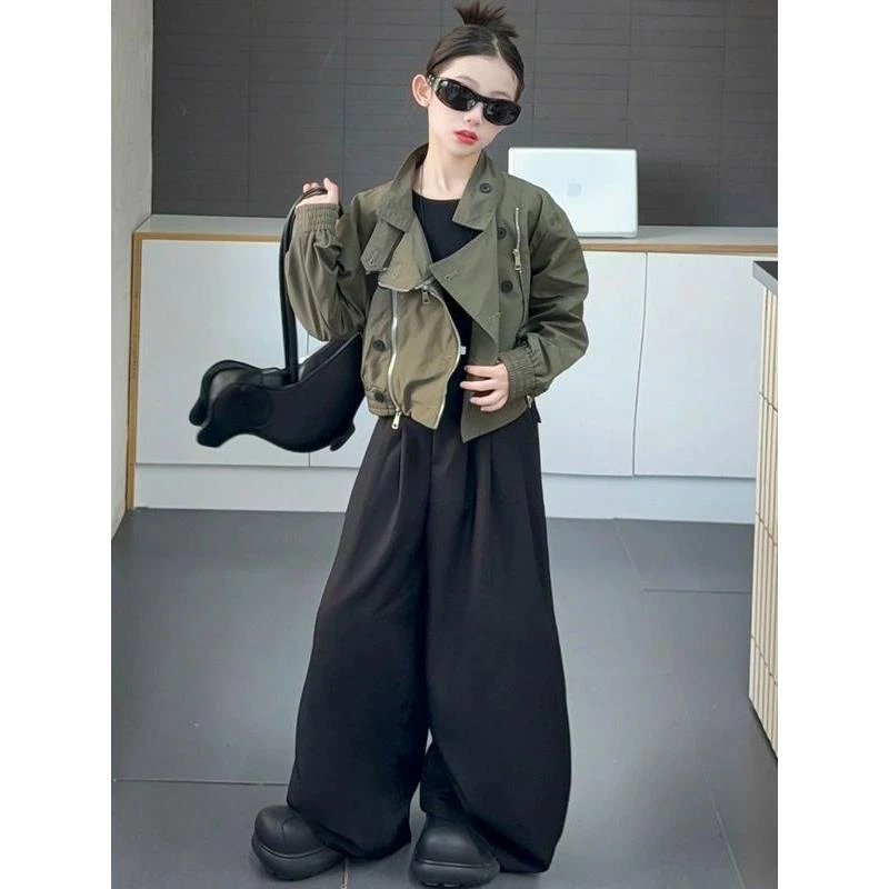 女童套装春秋2025新款女孩韩系设计感短款外套儿童阔腿裤两件套潮