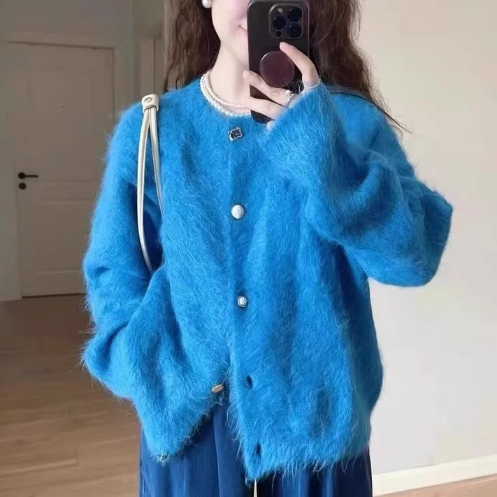 时尚毛针织衫克莱因蓝貂毛衣针织毛衣女圆领百搭