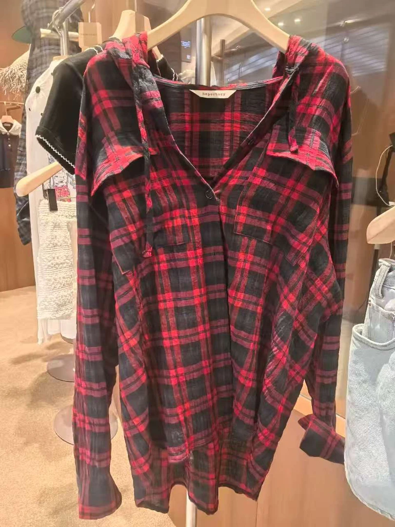 连帽格纹拼接防晒衬衫男女同款无性别穿搭 no退no换p724