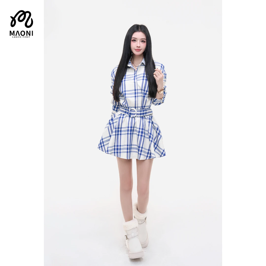 毛妮LADIESFIRST【蓝白叙光】格纹收腰连衣裙翻领系带显瘦气质L2453
