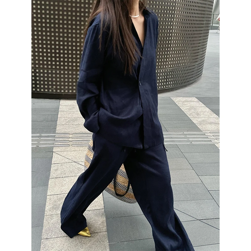 藏蓝色高端欧货亚麻衬衫套装女2025夏新款慵懒休闲穿搭棉麻两件套