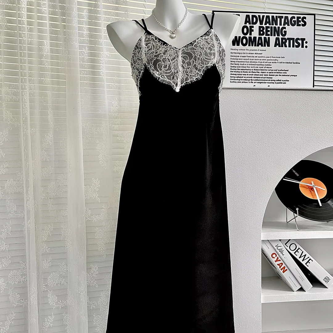 金丝绒睡衣女秋冬吊带长裙性感纯欲花边美背交叉高级感家居服套装