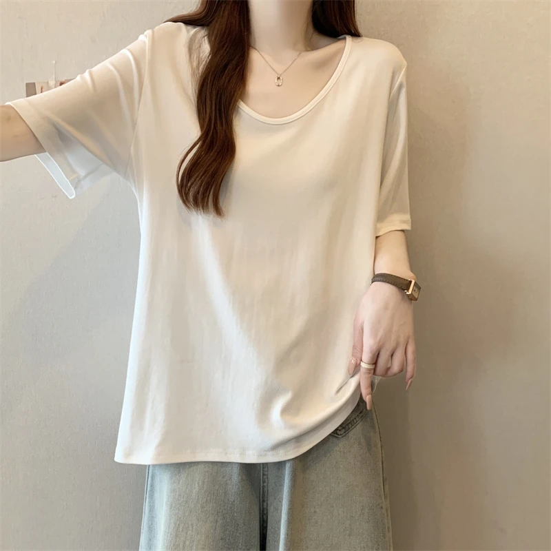 纯色正肩圆领宽松短袖t恤衫女夏季大码宽松显瘦遮肉简约百搭上衣