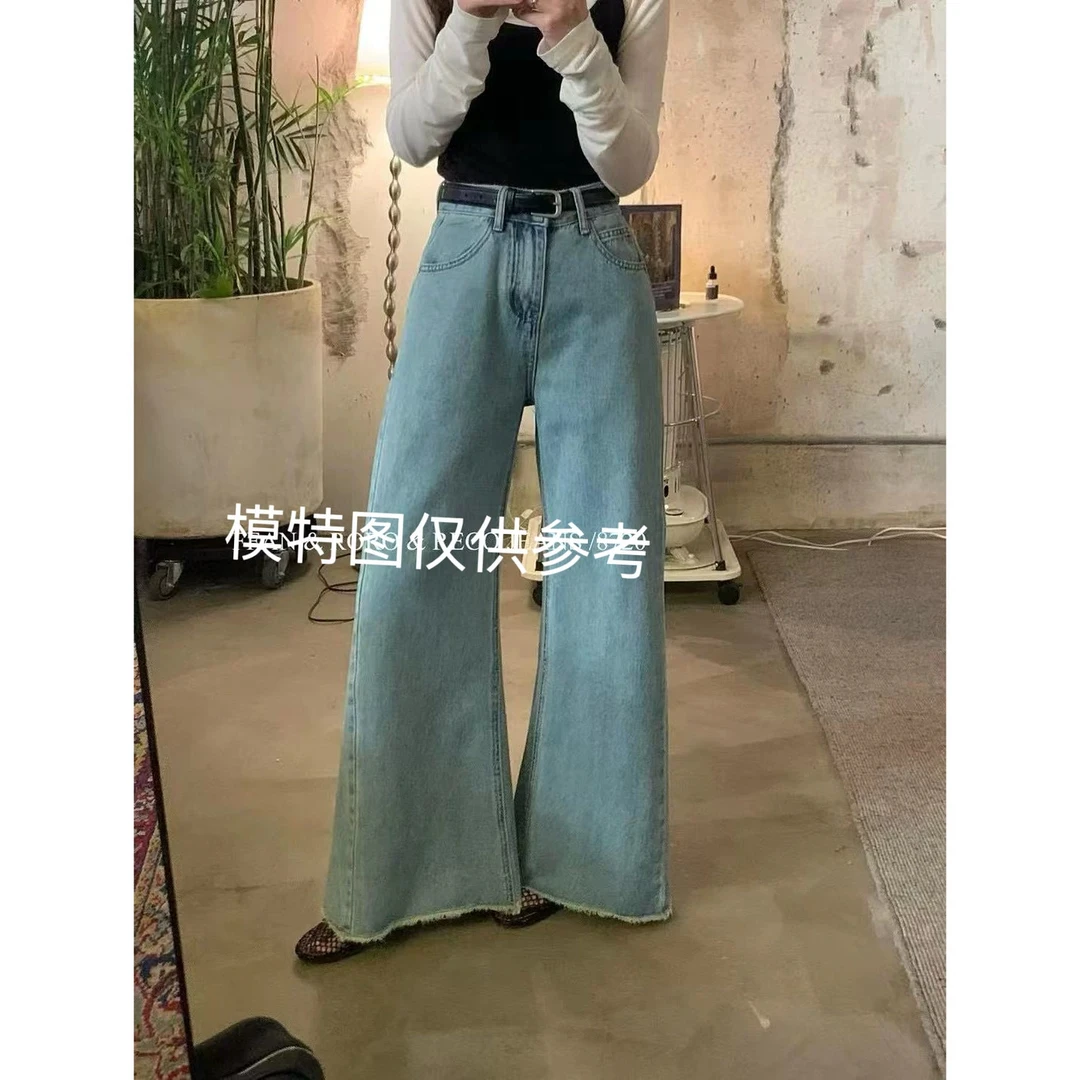 869断码福利！韩版高腰复古通勤气质百搭毛边阔腿拖地牛仔裤