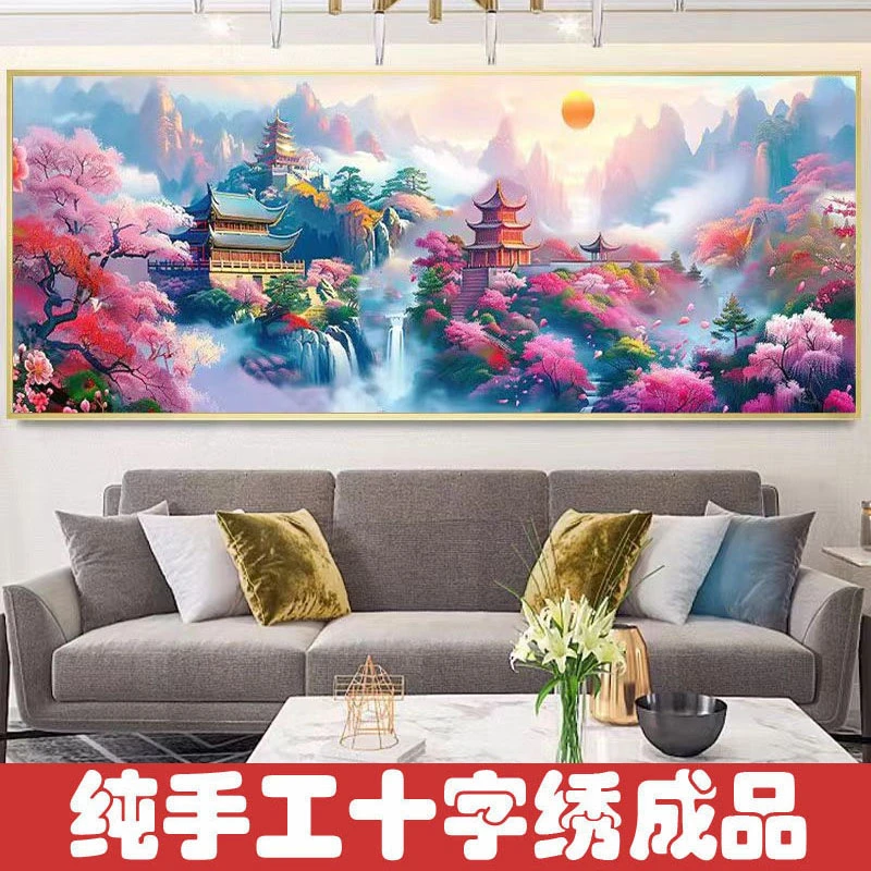 绣好的纯手工十字绣成品洪福齐天紫气东来山水风景挂画不带框F174