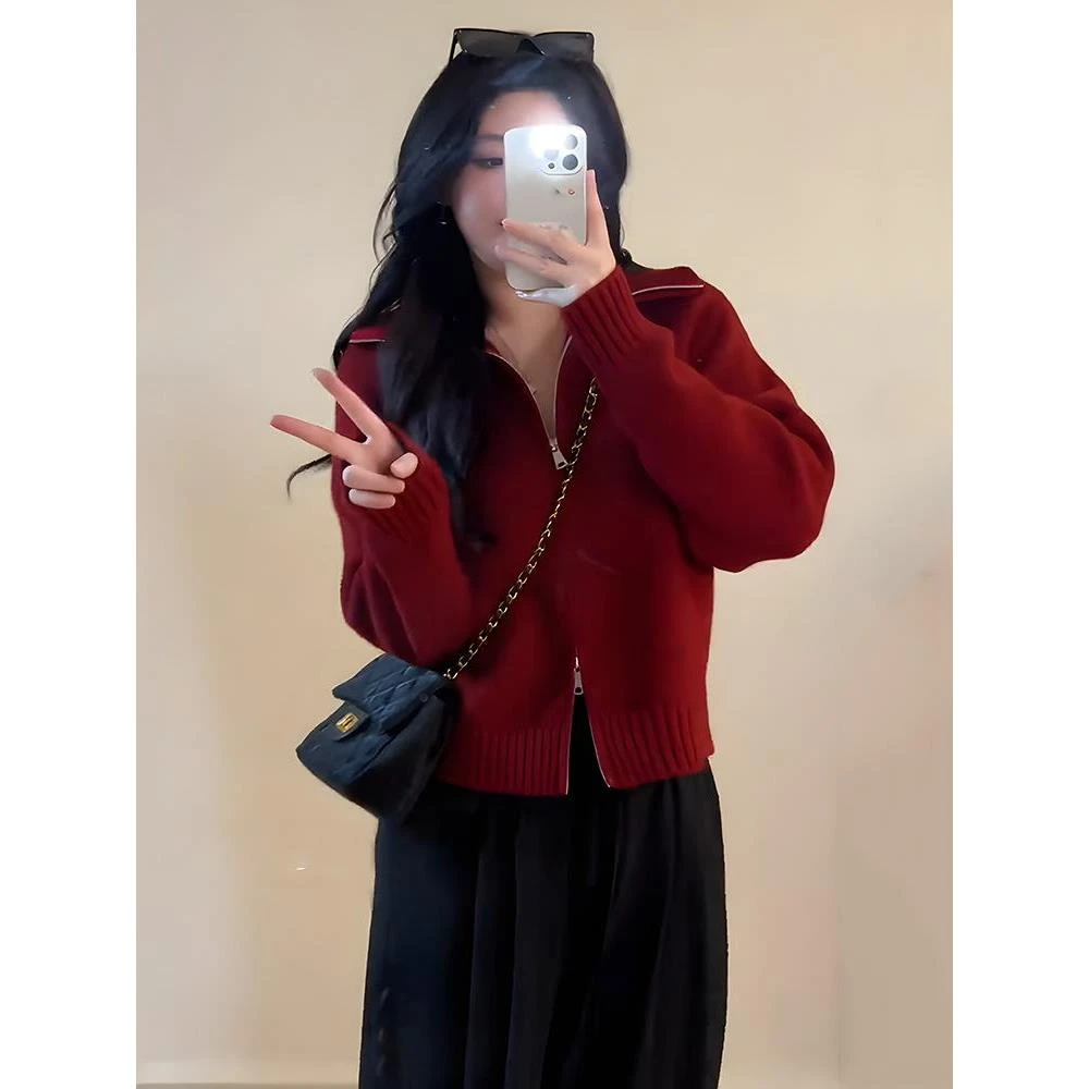 红色大码慵懒风针织开衫女秋冬装竖领毛衣宽松显瘦双拉炼外套上衣