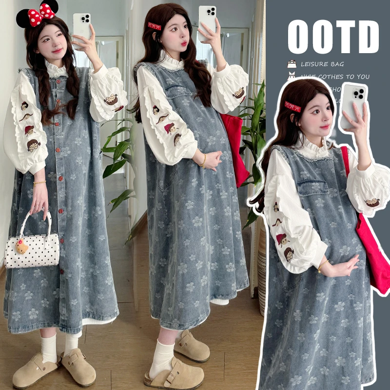 孕妇装早春套装复古重工刺绣衬衣连衣裙+前后可穿花朵牛仔背心裙