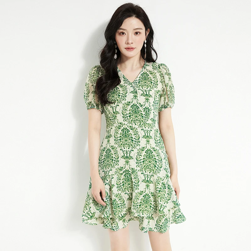 素雅印花中裙五分袖裙子连衣裙女2025夏52LH0A0006