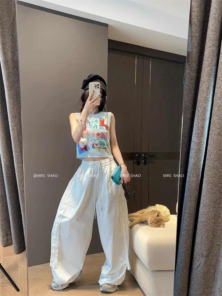 美式高腰休闲裤薄款工装裤女款加宽加大女装白色休闲裤女夏季裤子