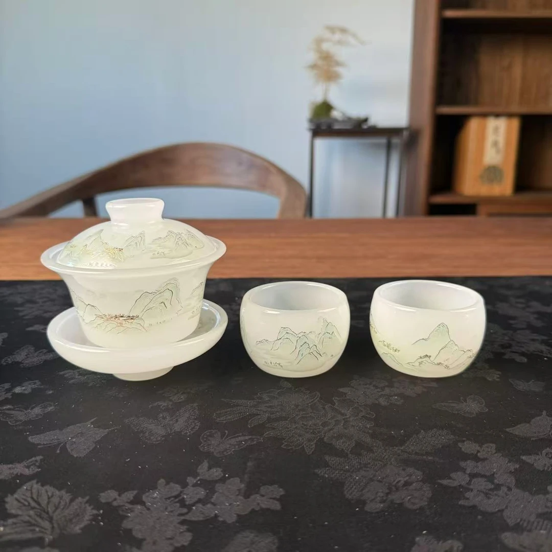 （胡子茶器）琉璃千里江山三才盖碗加俩杯 1651