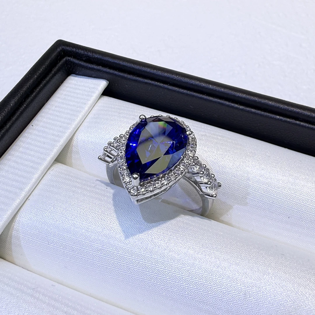 铜合金锆石戒指 JYJ8006-水滴切宝蓝戒指时尚欧美