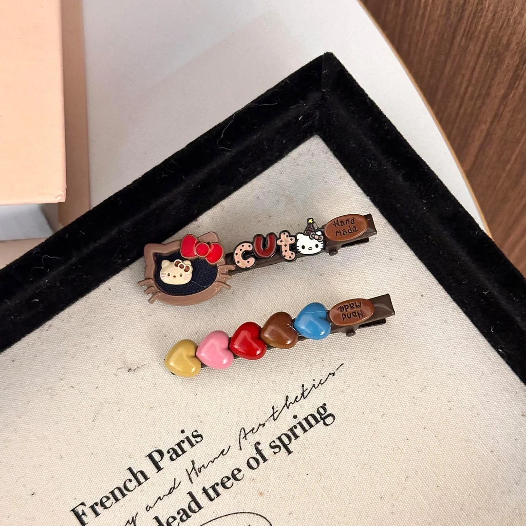 复古彩色多巴胺猫咪撞色AB款爱心发夹女侧边夹刘海夹发卡发饰夹子