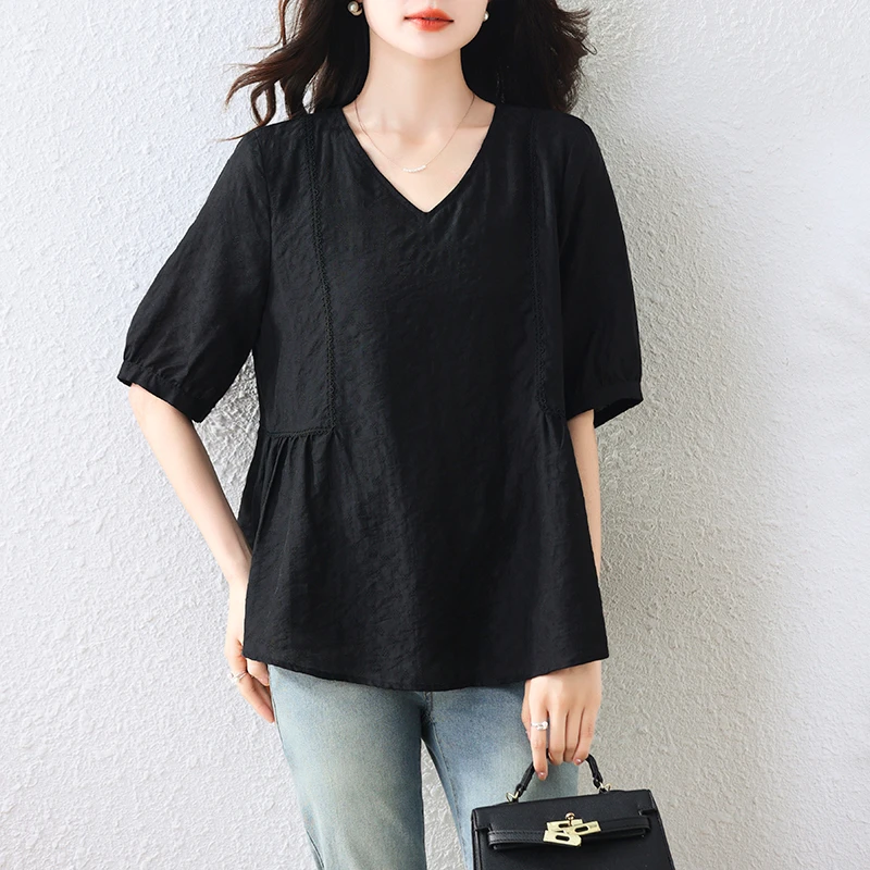 黑色短袖衬衫女2025夏季宽松减龄洋气显瘦遮肚子别致漂亮小衫上衣