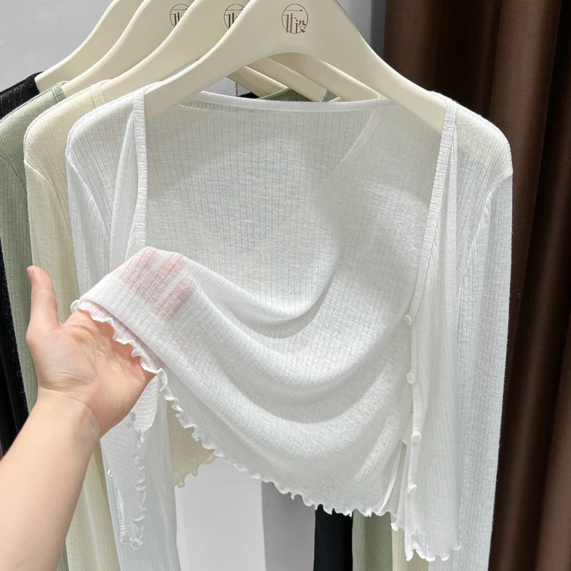 白色洋气长袖短款开衫镂空微透软糯亲肤防晒罩衫配裙子外塔小外套