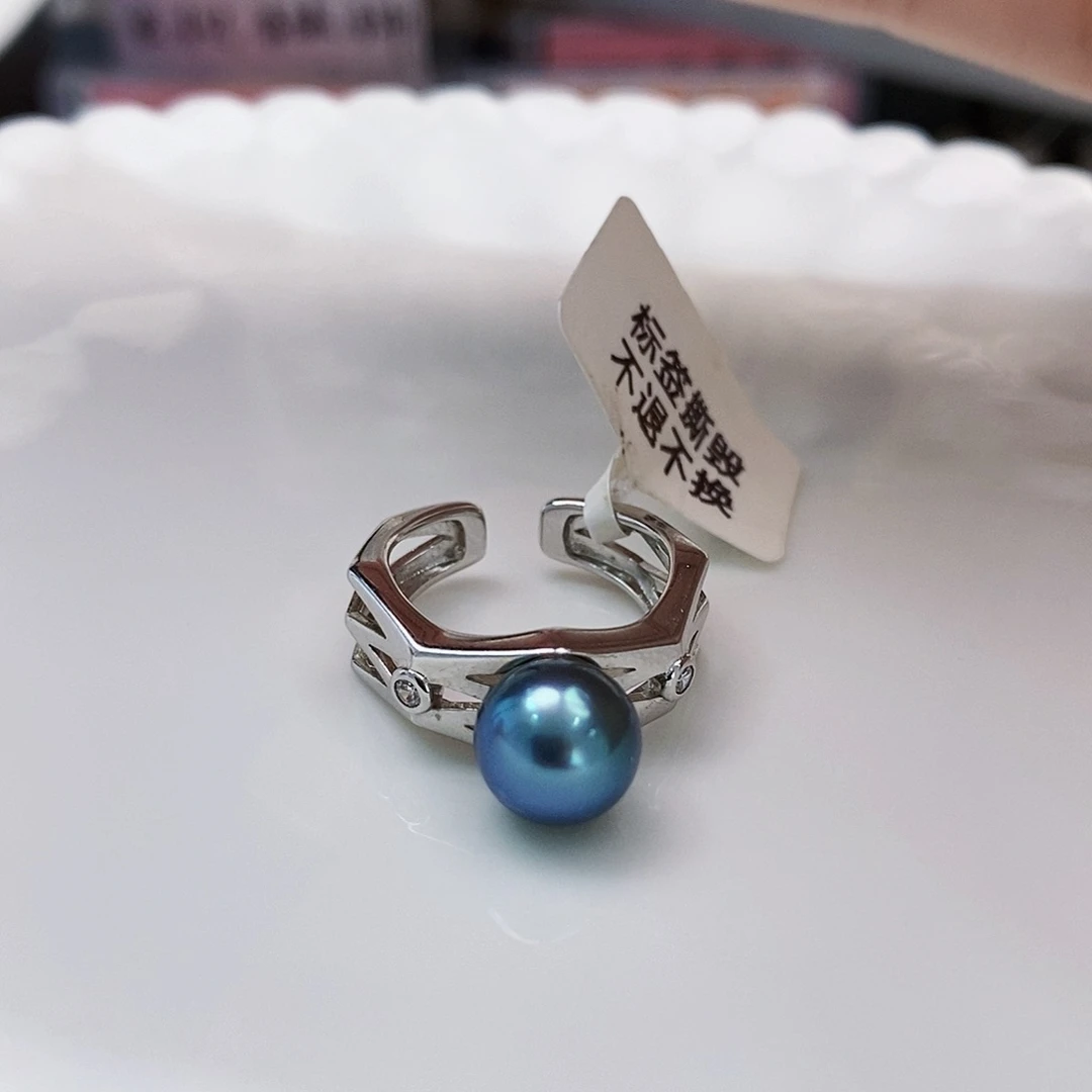 银S925镶嵌特价极光大溪地孔雀蓝戒指9m m海水珍珠