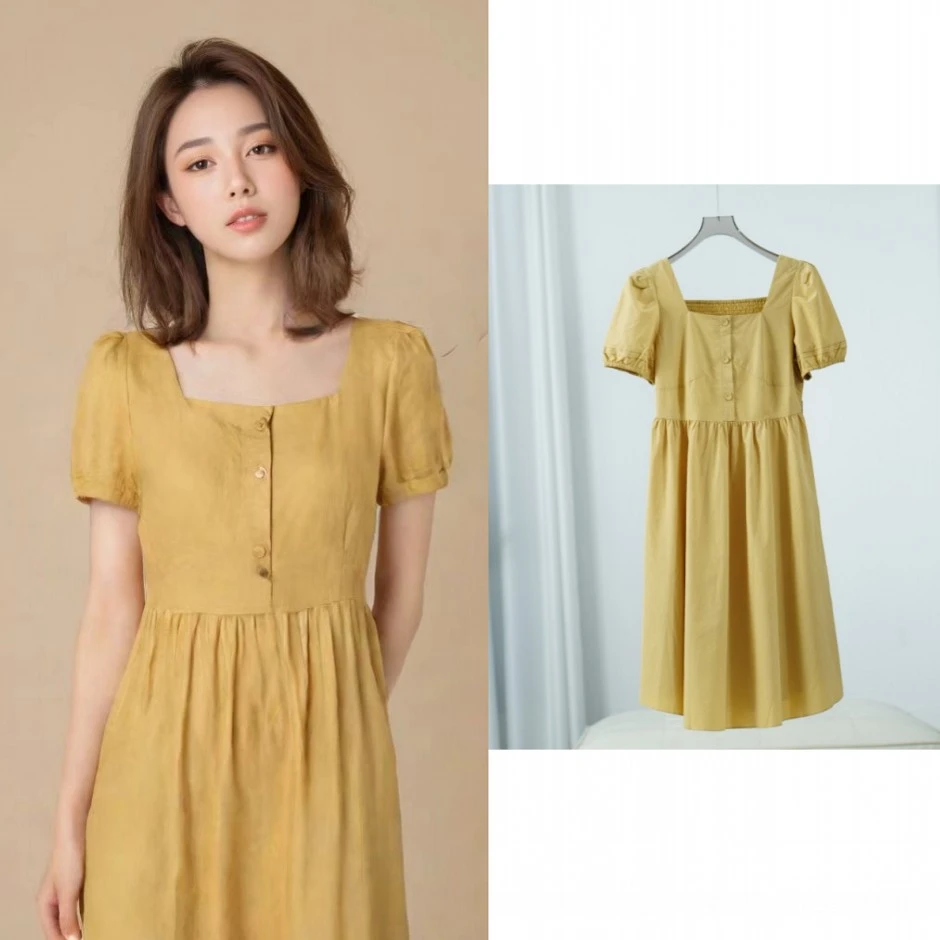 莉推荐【三C・伊】Z308  女装夏季短袖连衣裙黄色Y22220325L20