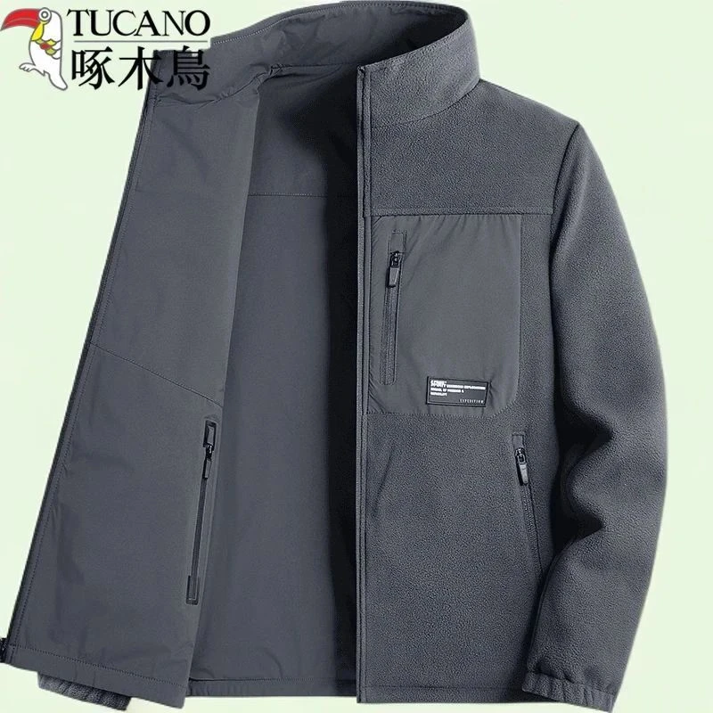 啄木鸟双面穿加绒夹克男秋冬季立领开衫上衣户外防风防泼水外套