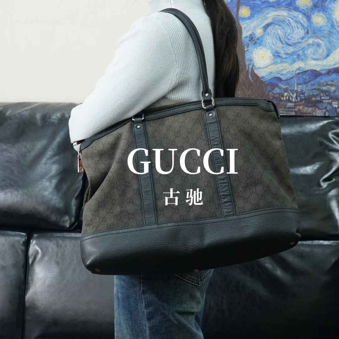 95新 GUCCI/古驰 黑花布面拼皮手提包/F3MP11612019/2019
