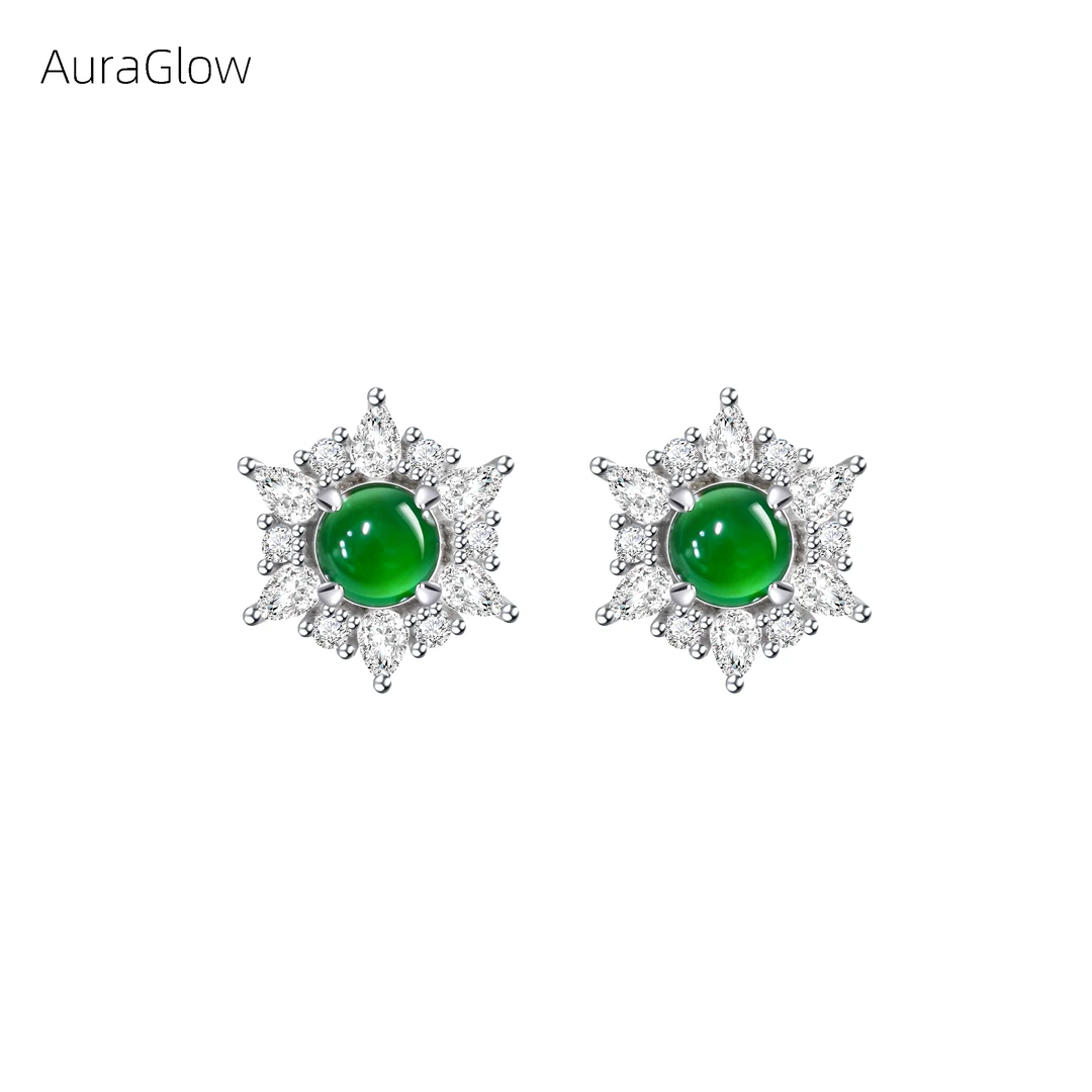 冰种飘绿翡翠耳钉女款镶嵌蛋面雪花耳环新中式高级感国风耳饰品