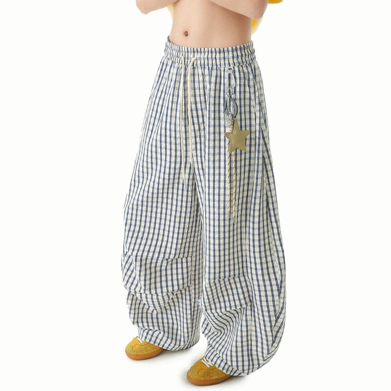 星星挂饰格子弯刀休闲裤男夏季新款潮牌宽松垂感慵懒风阔腿拖地裤