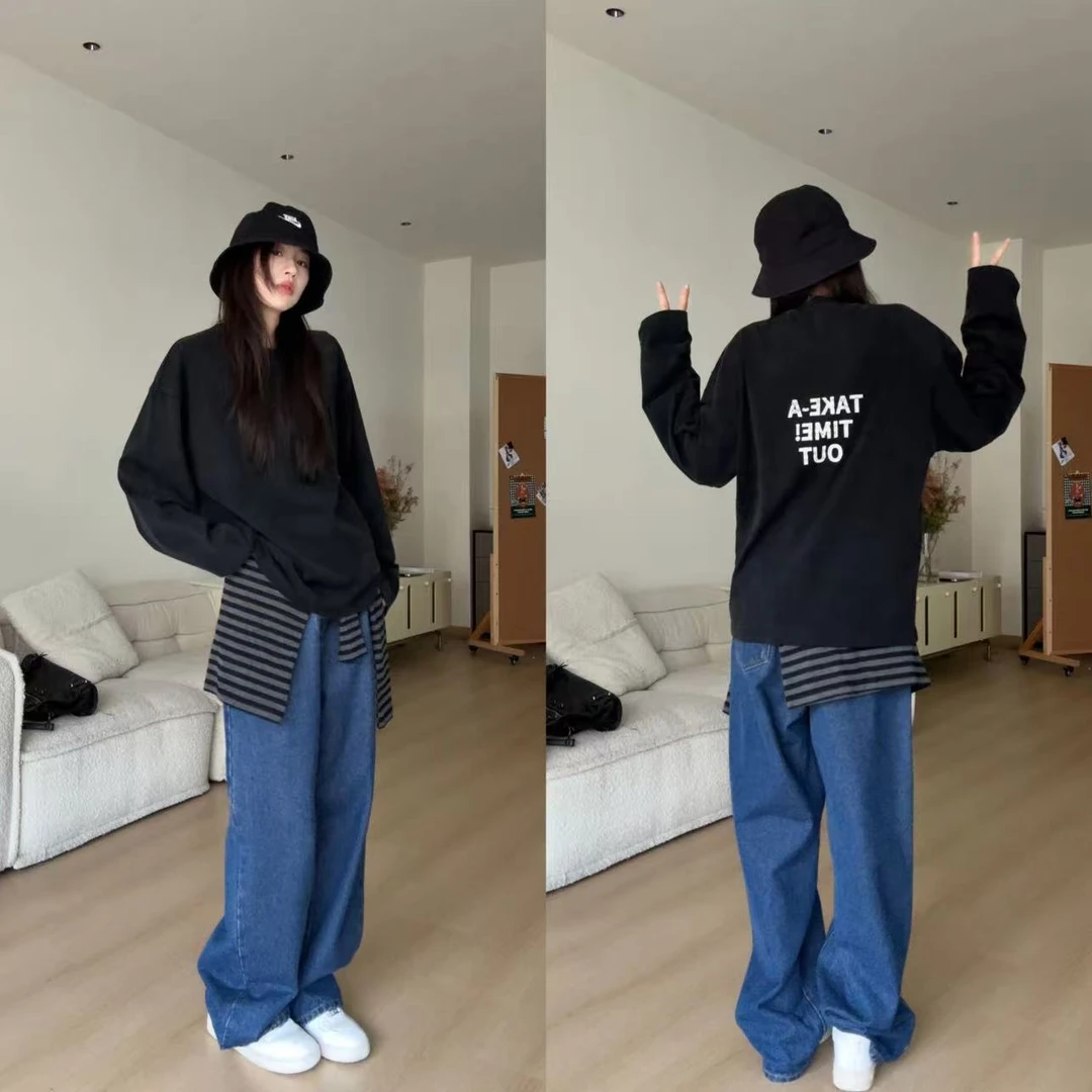 美式复古做旧街头慵懒风炒雪花工艺印花字母圆领长袖上衣女秋上新