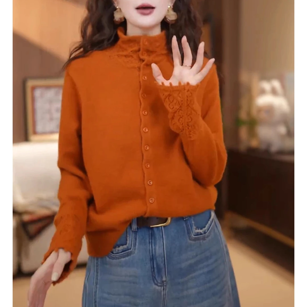 百搭洋气宽松气质单排扣毛衣女2025年秋冬长袖气质翻领时尚针织衫