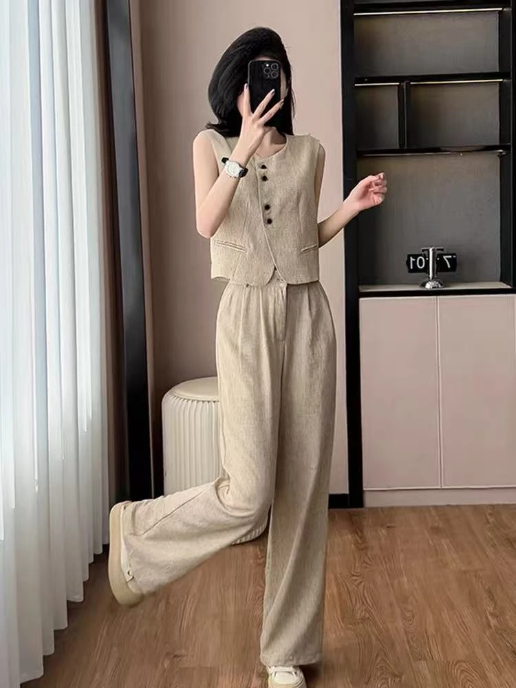 (XI ZI女装）休闲时尚气质简约型马甲上衣+阔腿休闲裤套装#99818