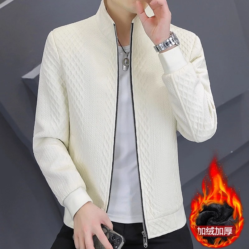 CQV秋冬季加绒加厚夹克男立领韩版修身保暖高级感短款小风衣外套