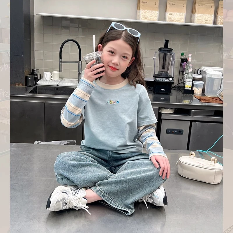 女童假两件洋气t恤儿童短款网红长袖打底衫中大夏天童装春装新款