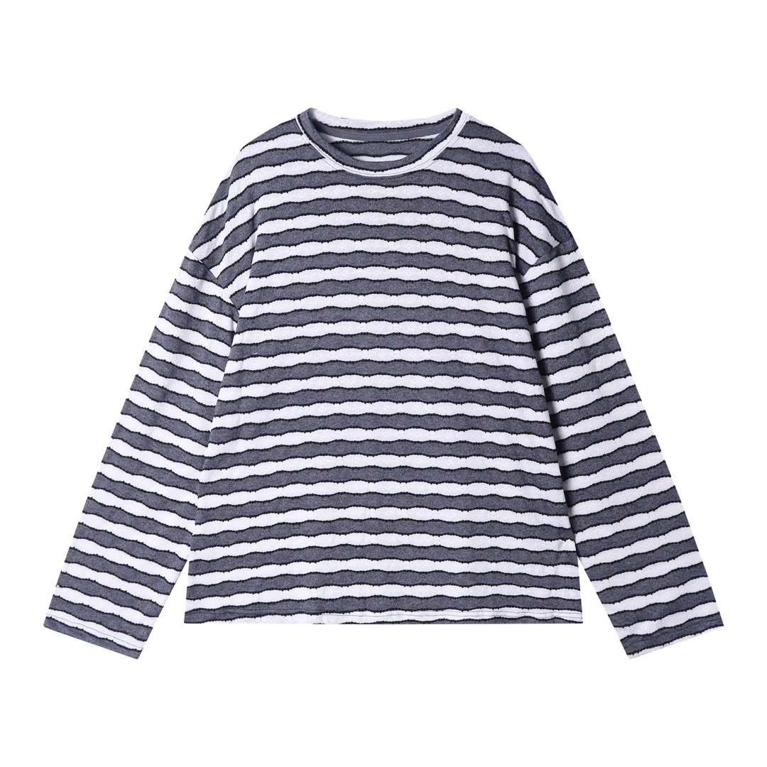 早春新款时尚个性韩版撞色条纹圆领长袖T恤男女同款潮牌套头上衣