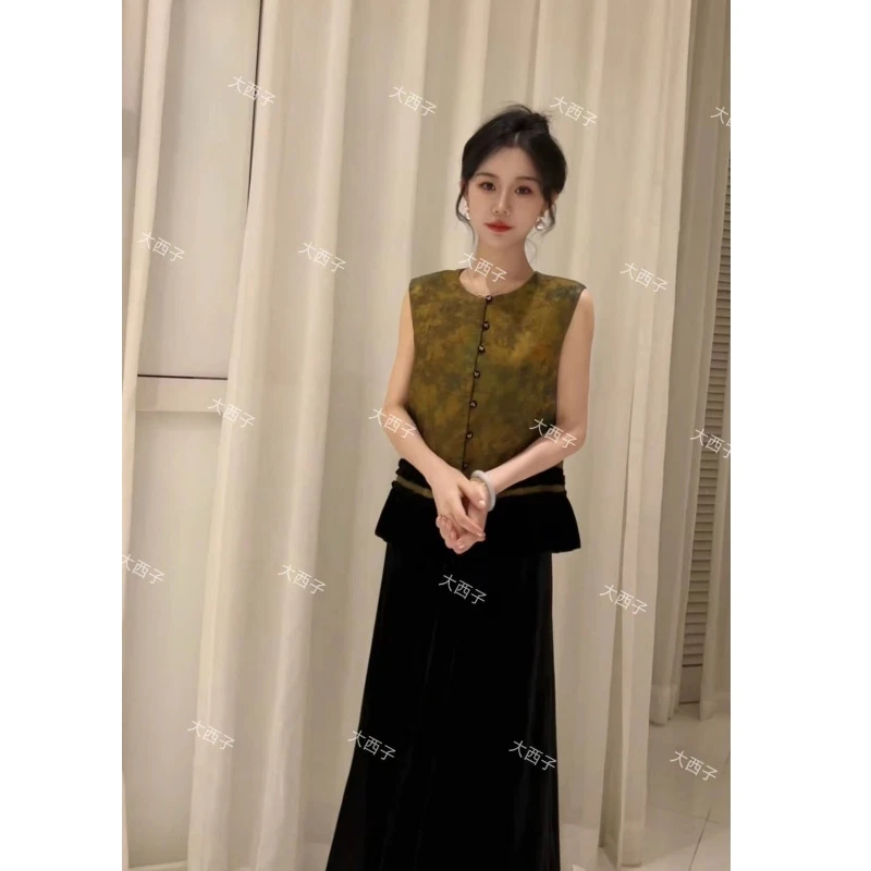 秋上新新中式气质显瘦百搭马甲半身裙套装