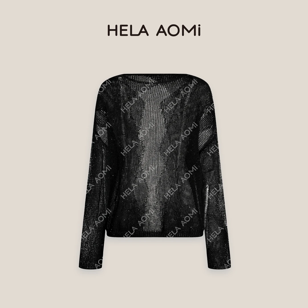HELA AOMI“织梦黑纱”莱赛尔亚麻上衣长袖设计感针织衫CY5BC32405