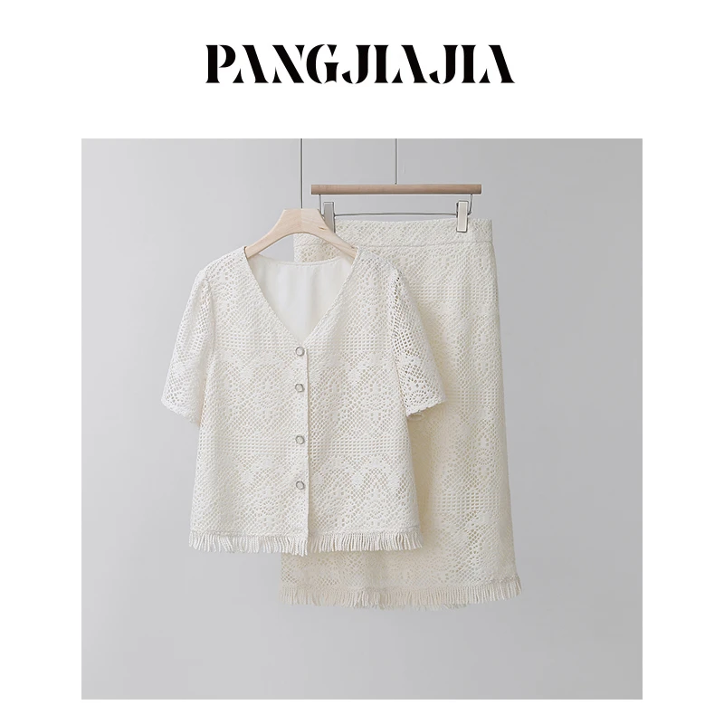 【胖佳佳】小幸运 短袖镂空蕾丝衬衫长款半身裙时尚套装H624A04178