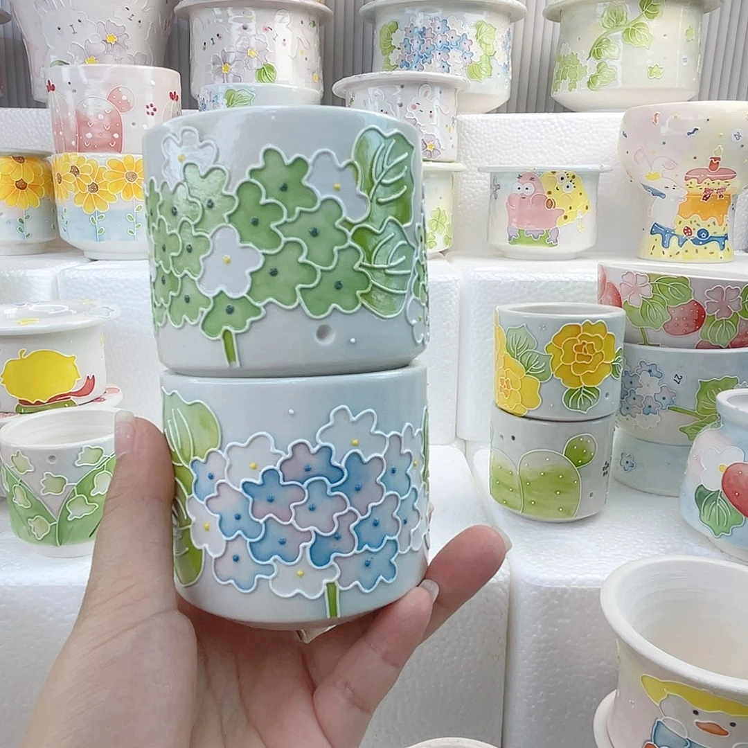泡***吖手绘手工白泥花盆59