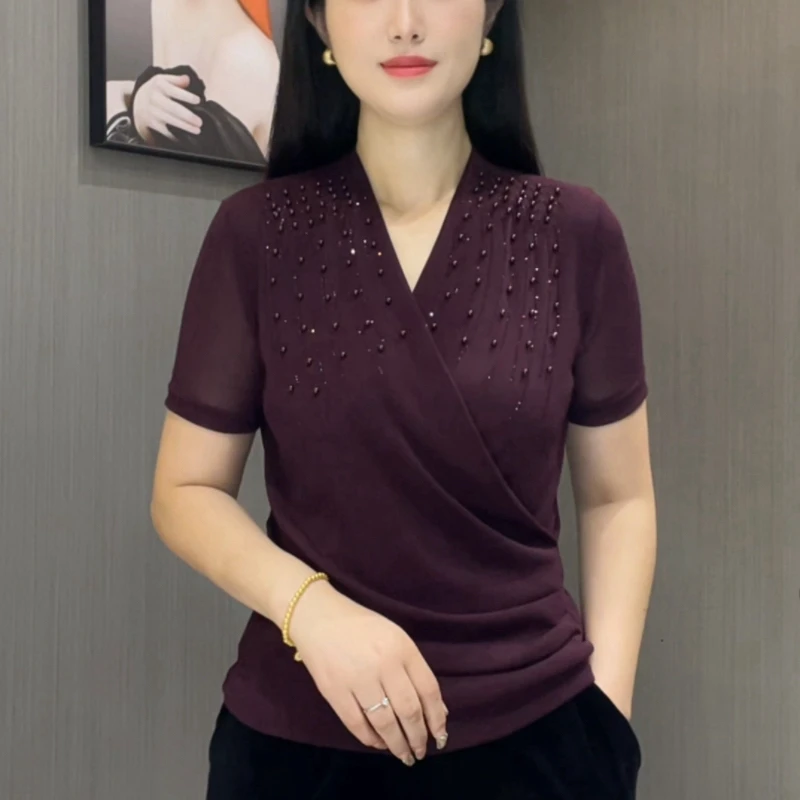 2025夏季新款烫钻纯色钉珠V领短袖T恤气质百搭宽松中老年女装小衫