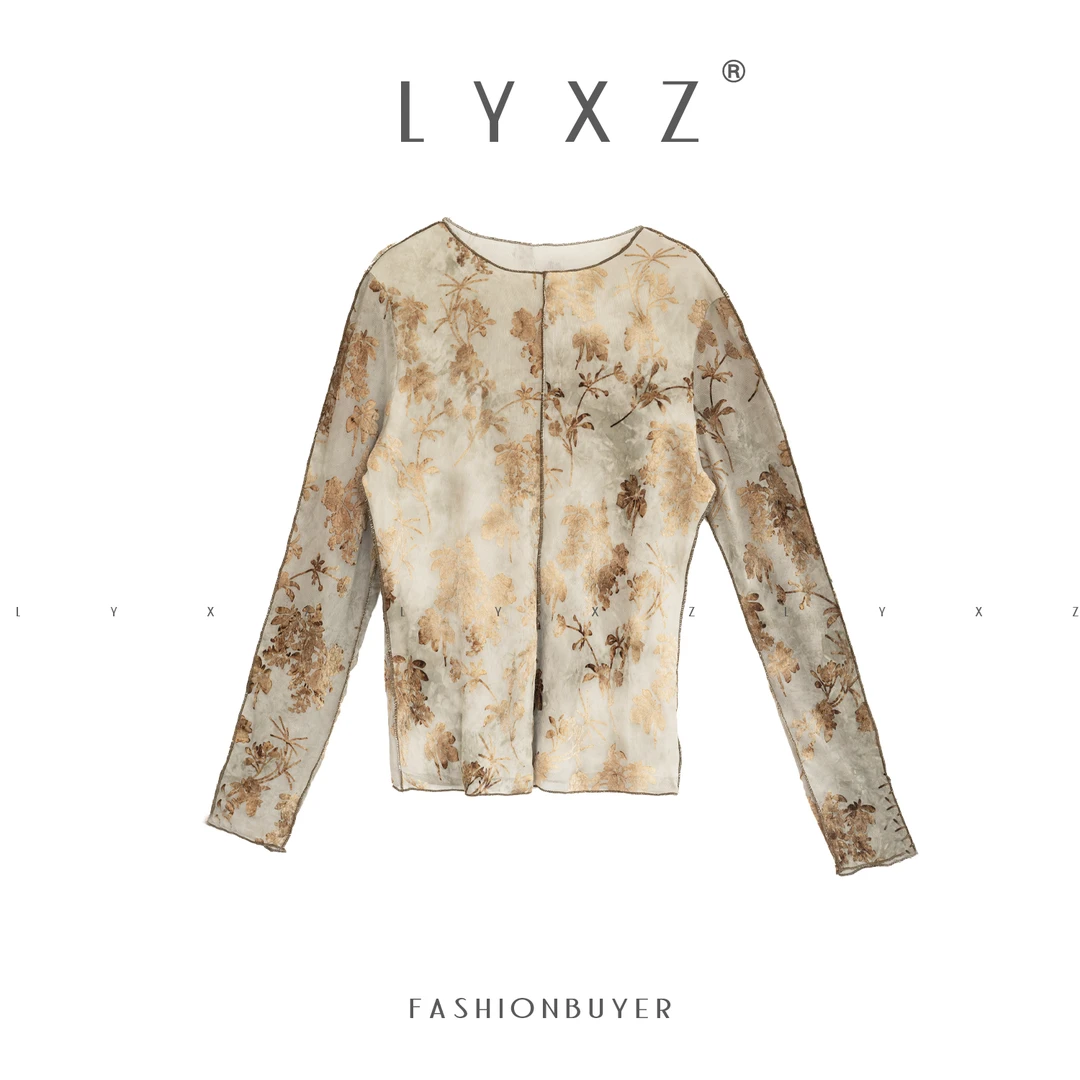 LYXZ x 大小与【叶落惊秋】植绒复古印花圆领长袖时尚上衣80508