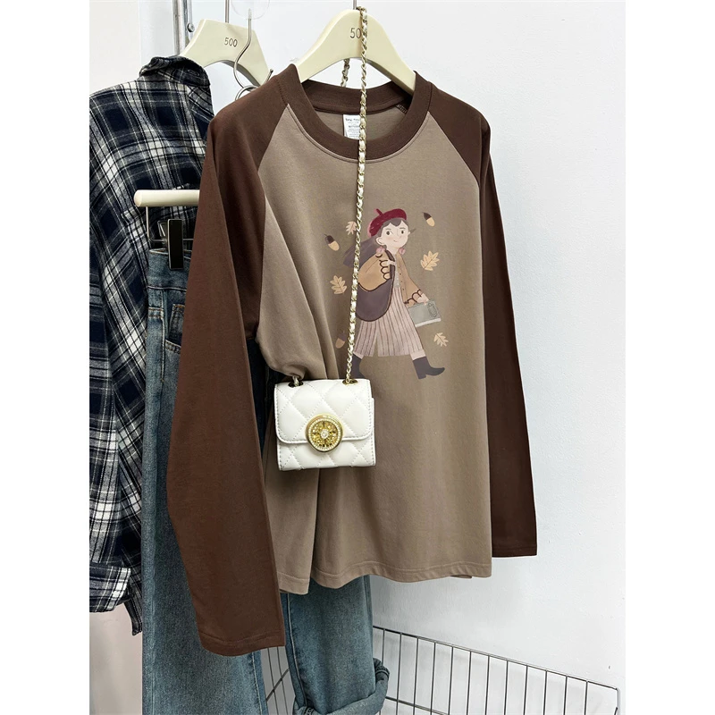 纯棉插肩长袖T恤女士秋季韩版时尚大码设计感撞色拼接袖圆领上衣