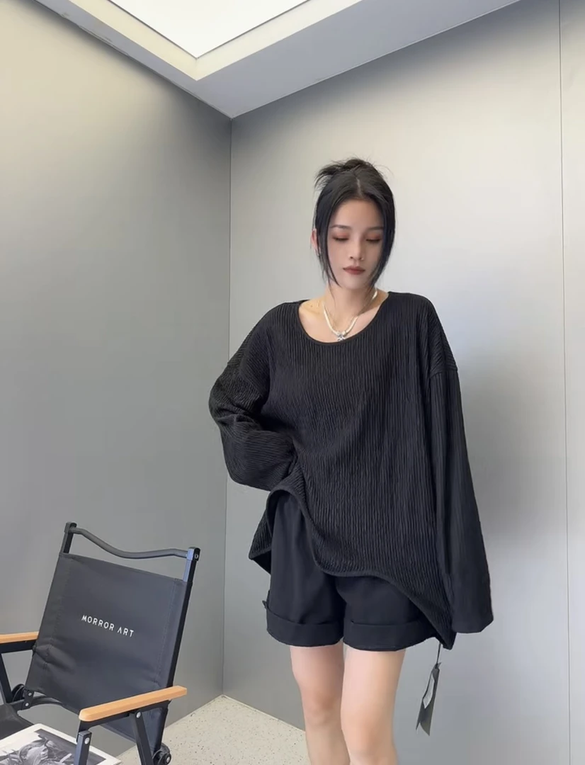 【红姐大码】81560不规则长袖T恤打底衫春装新款中长款设计感波浪边