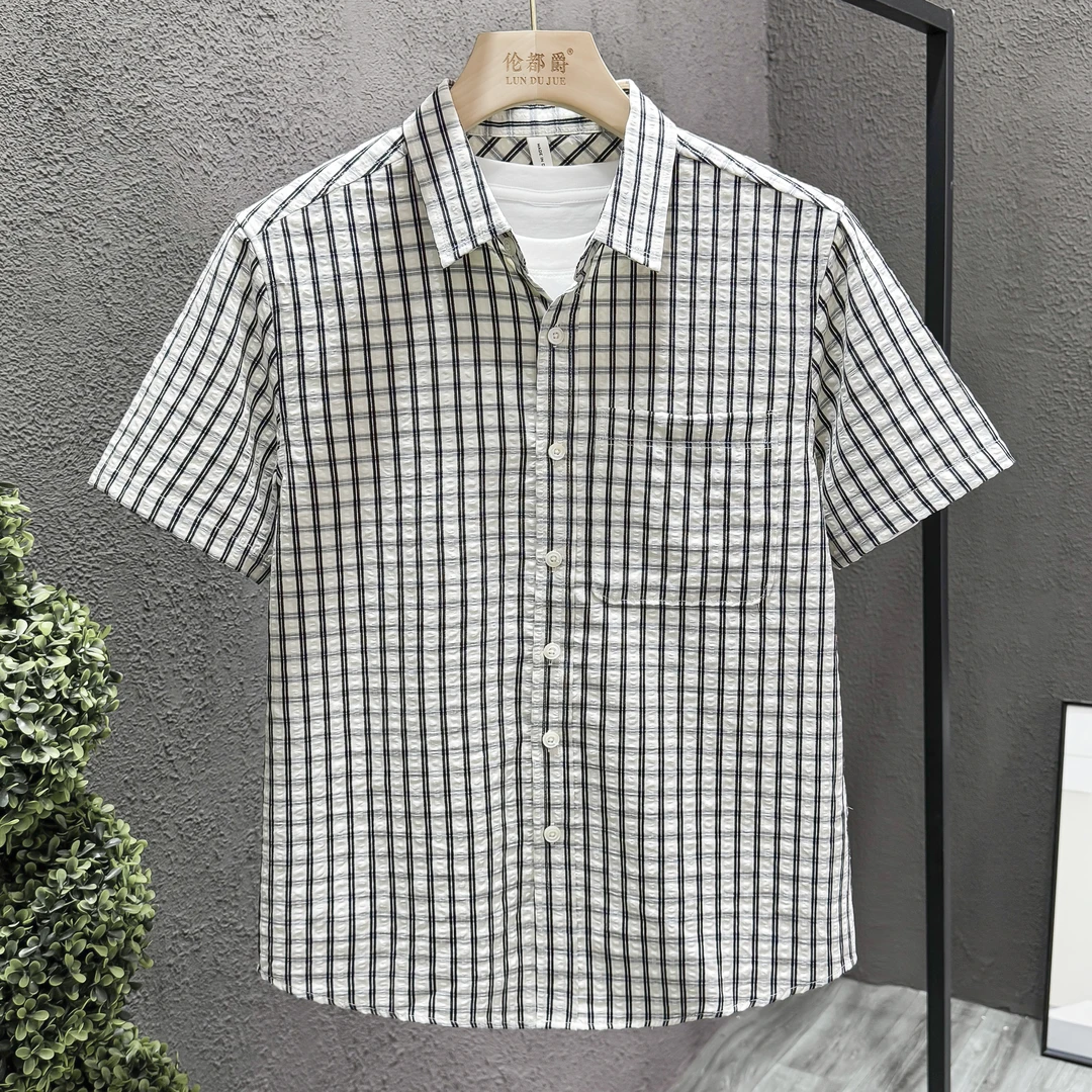 夏季新款潮流格子衬衫时尚男装短袖上衣大码宽松日系青年格子衬衣
