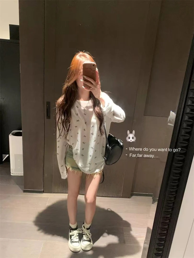 蝴蝶结印花慵懒风微透T恤休闲长袖夏季打底衫防晒罩衫A016