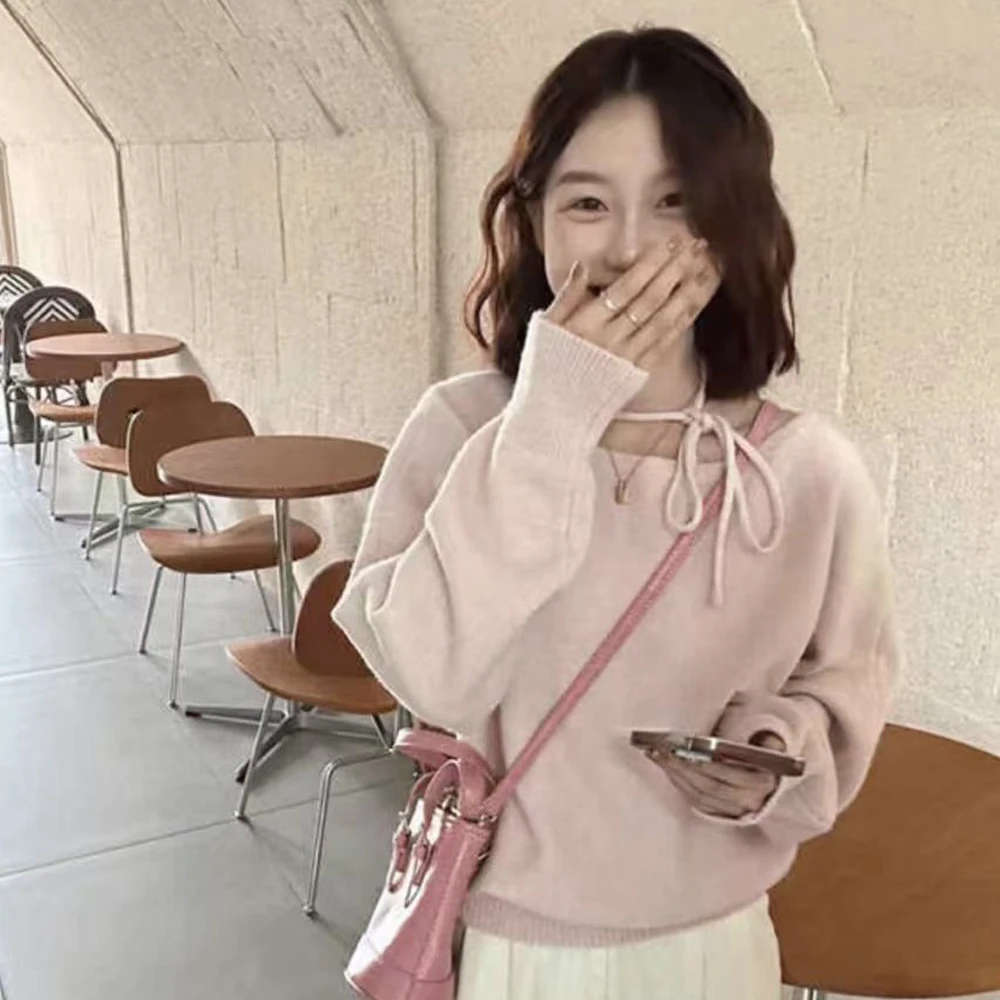 时尚秋冬新款韩系圆领系带设计感粉色毛衣女温柔慵懒风休闲上衣
