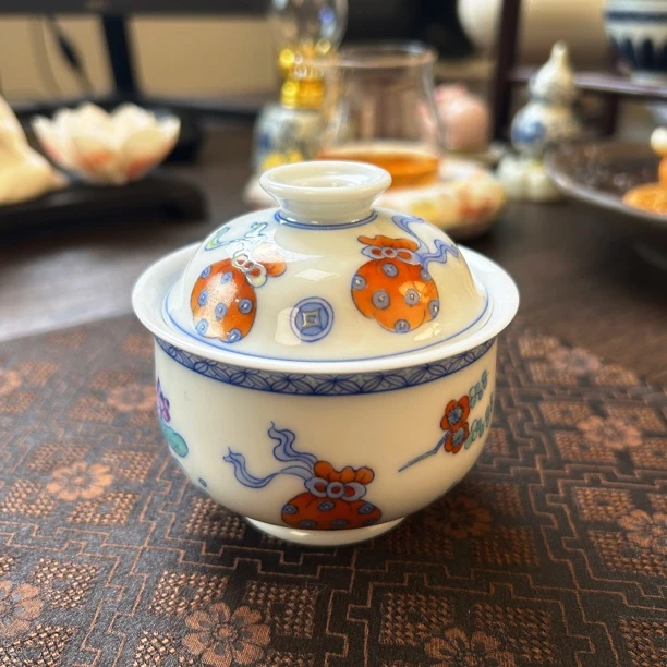 [甄晨窑]景德镇手工手绘斗彩钱袋子盖碗—盖下120ml